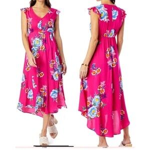 NWT Jessica Simpson Gabbie Hi-Low Midi Dress PINK FLORAL V Neck Women Large